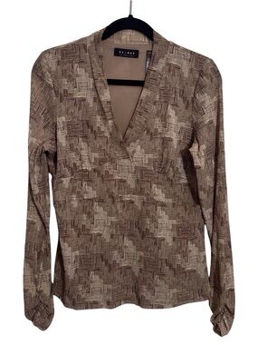 Axcess Liz Claiborne Large Brown Y2K Surplice Top Mesh Blouse Vintage Graphic